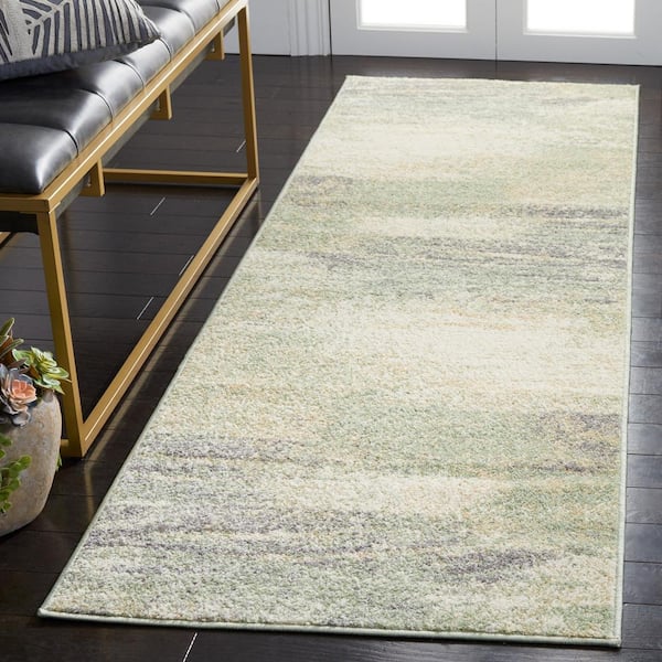 Adirondack Ivory/Sage 2 ft. x 12 ft. Solid Color Distressed Runner Rug