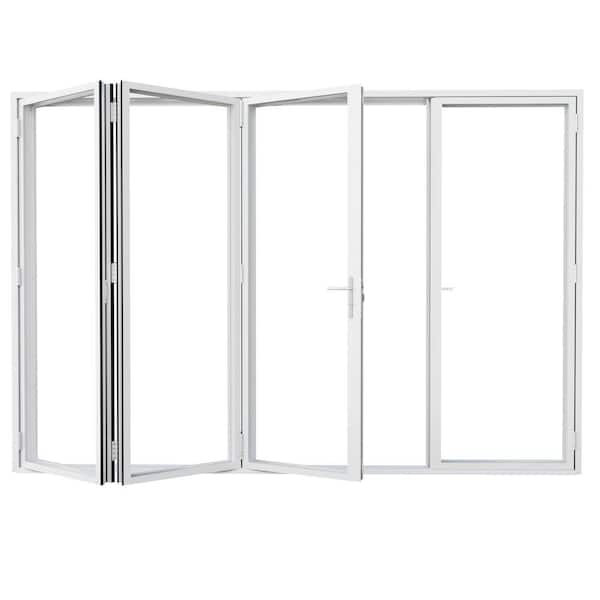 144 in. x 96 in. Left Center Opening/Outswing Double Tempered Glass White Aluminum Folding Patio Door