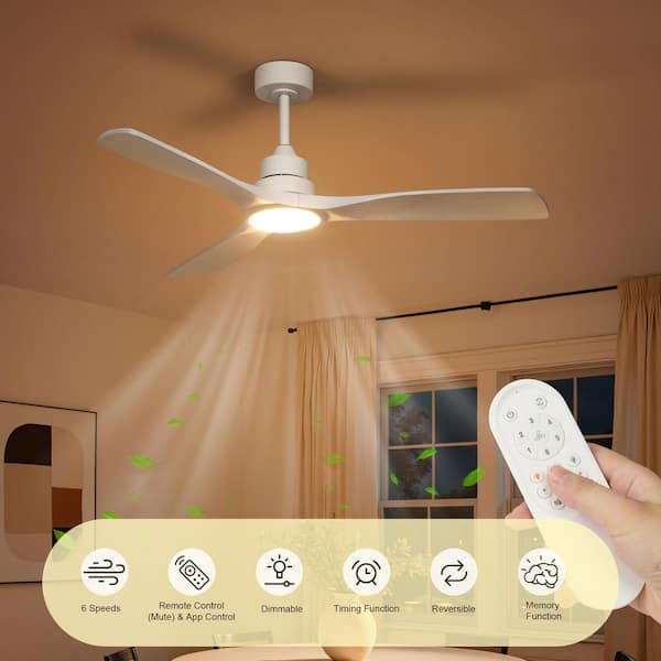 52 in. Indoor White Modern Low Profile Standard Downrod Ceiling Fan Integrated LED Included 3-Solid Wood Blades for Room