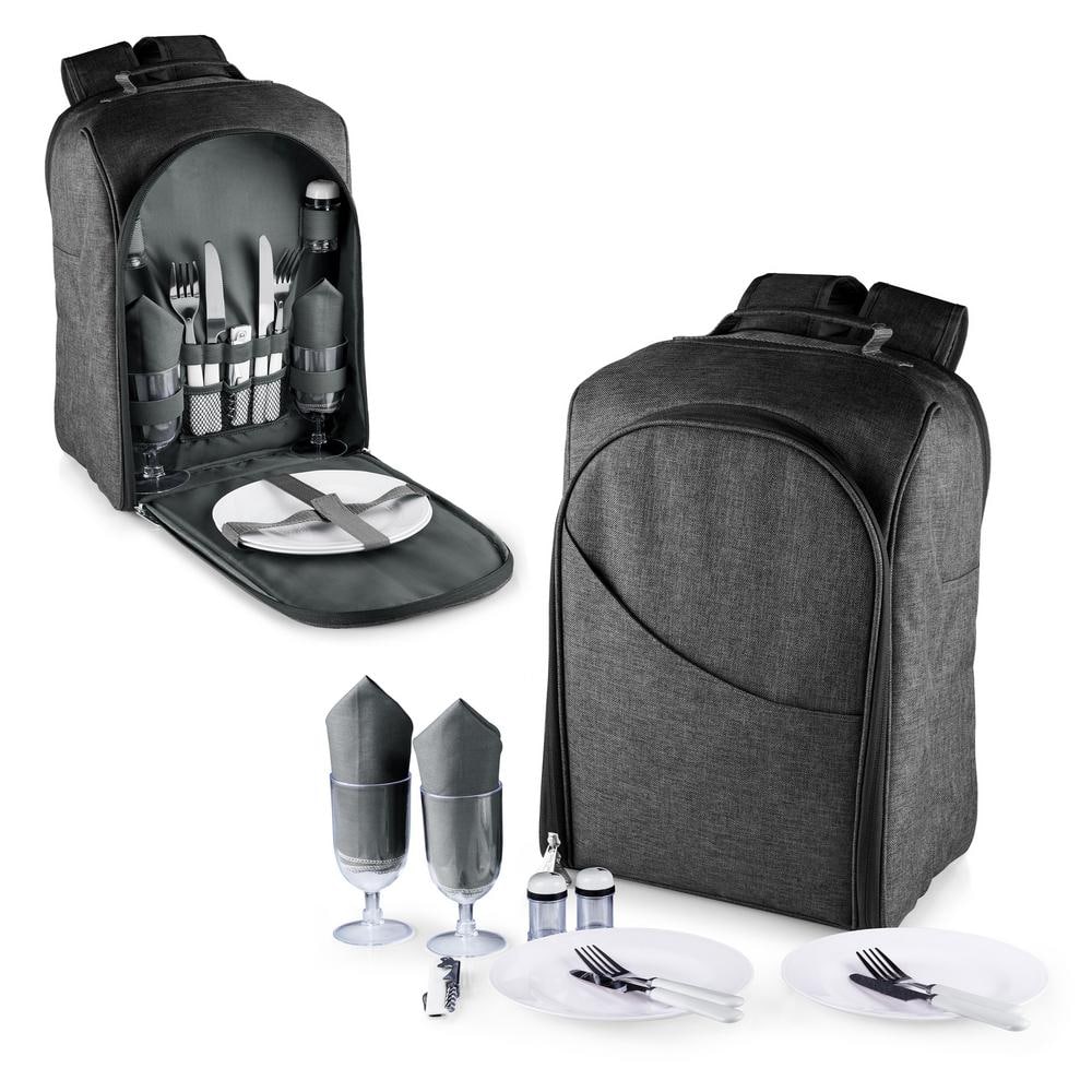 Gray Polyester Insulated Picnic Backpack with Wine Glasses