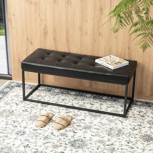 Glitzhome Modern Black Tufted Upholstered Dining Bench with Metal Frame Legs 45 in.