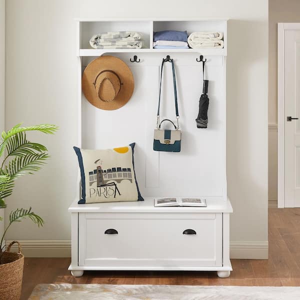 Unbranded 40.16 in. W x 18.58 in. D x 64.17 in. H White Wood Hall Tree with Open Shelves, 4-Hooks for Entryways, Hallways