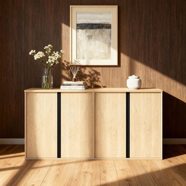 Nathan Oak Industrial Style Wood Sideboard Buffet with Angular Design, Beveled Edges, Soft-Close Hinges Set of 2
