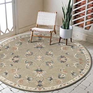 Traditional Cream / Gray 7 ft. 3 in. Mirroring Floral Bloom Round Area Rug