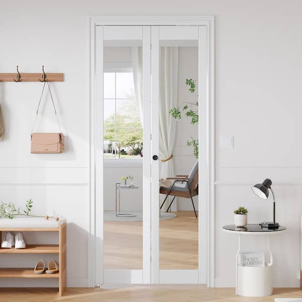 36 in. x 80 in. 1-Lite Mirrored Glass Solid Core White Finished MDF Bi-Fold Door with Hardware Kit