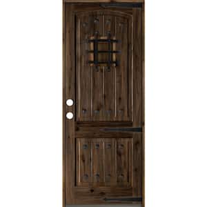 32 in. x 96 in. Mediterranean Knotty Alder Arch Top 2 Panel Right-Hand/Inswing Black Stain Wood Prehung Front Door