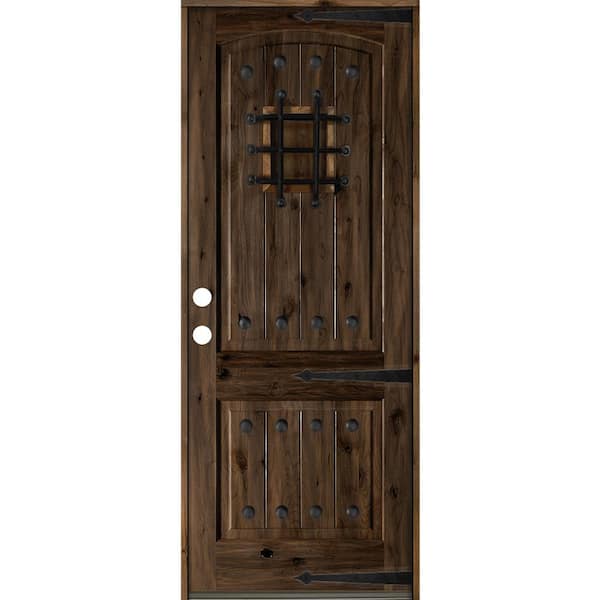 Krosswood Doors 36 in. x 96 in. Mediterranean Knotty Alder Arch Top 2 Panel Right-Hand/Inswing Black Stain Wood Prehung Front Door