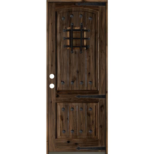 Krosswood Doors 48 in. x 96 in. Mediterranean Knotty Alder Arch Top 2 Panel Right-Hand/Inswing Black Stain Wood Prehung Front Door