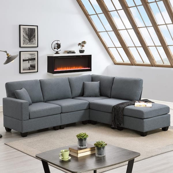 sumyeg 89.8 in. L-Shaped Linen Sectional Sofa in. Dark Gray with Convertible Ottoman and 2 Pillows
