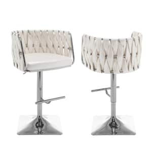 Debra 34 in. Faux Leather White Low Back Metal Frame Adjustable Bar Stool With Velvet Fabric (Set of 2)