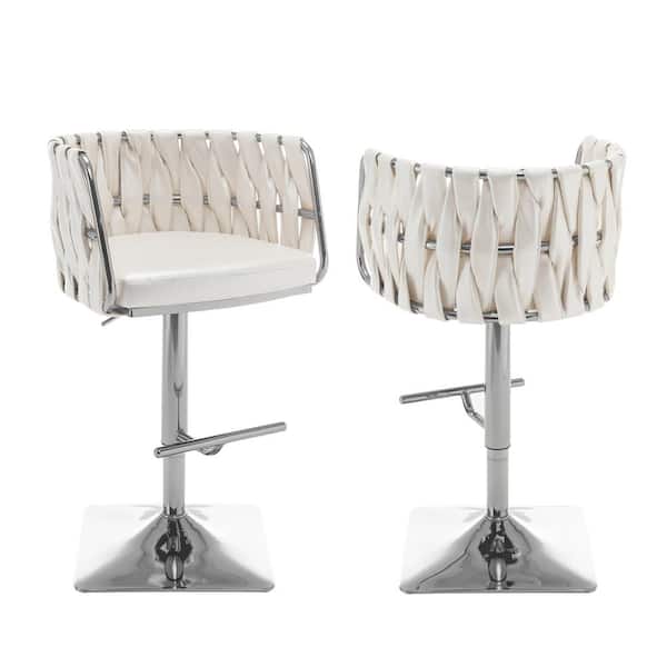 Best Quality Furniture Debra 34 in. Faux Leather White Low Back Metal Frame Adjustable Bar Stool With Velvet Fabric (Set of 2)