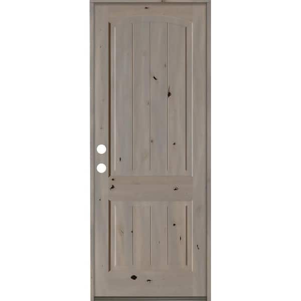 Krosswood Doors 30 in. x 96 in. Rustic Knotty Alder 2 Panel Arch Top V-Groove Right-Hand/Inswing Grey Stain Wood Prehung Front Door