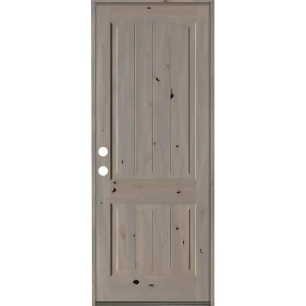 Krosswood Doors 32 in. x 96 in. Rustic Knotty Alder 2 Panel Arch Top V-Groove Right-Hand/Inswing Grey Stain Wood Prehung Front Door