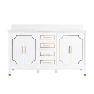 60 in. x 22 in. Solid Wood Bath Vanity in White, Carrara White Qz. Top with Double Sinks, Soft-Close Door, Drawer