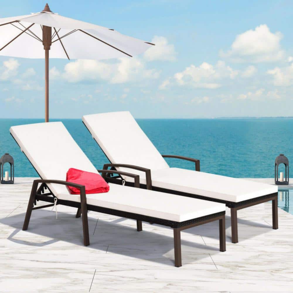Beige Steel and Rattan Outdoor Chaise Lounge with Cushions