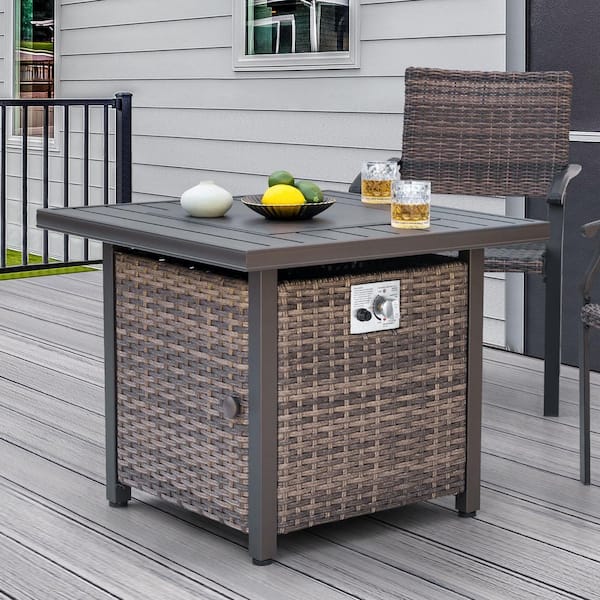 30 in. x 25 in. Square Rattan Propane Gas Brown Fire Pit Table with Lid and Glass Beads