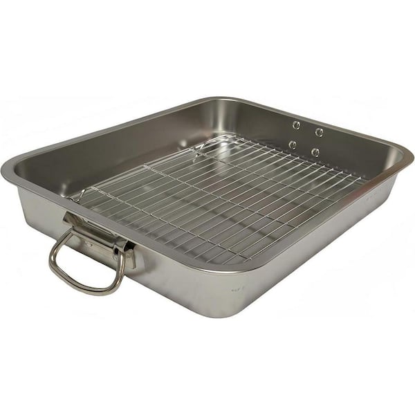 Silver Stainless Steel Roasting Pan with Grill Rack Even Heat Dishwasher Safe for Turkey Chicken Ham 1 Piece Set