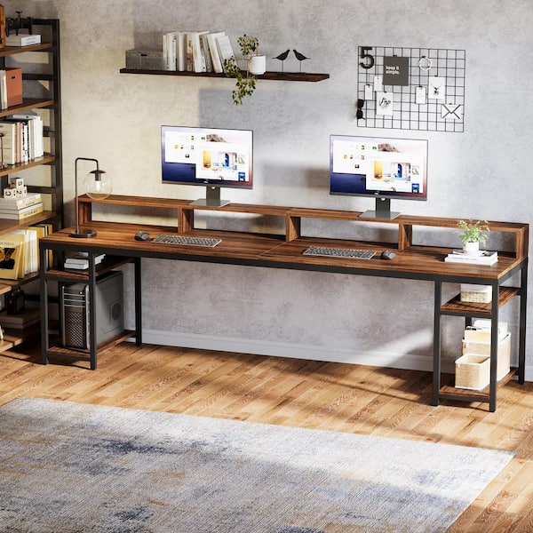 BYBLIGHT Moronia 78.7 in. Rectangular Brown and Black Engineered Wood 2-Person Computer Desk with Monitor Stand and Shelves