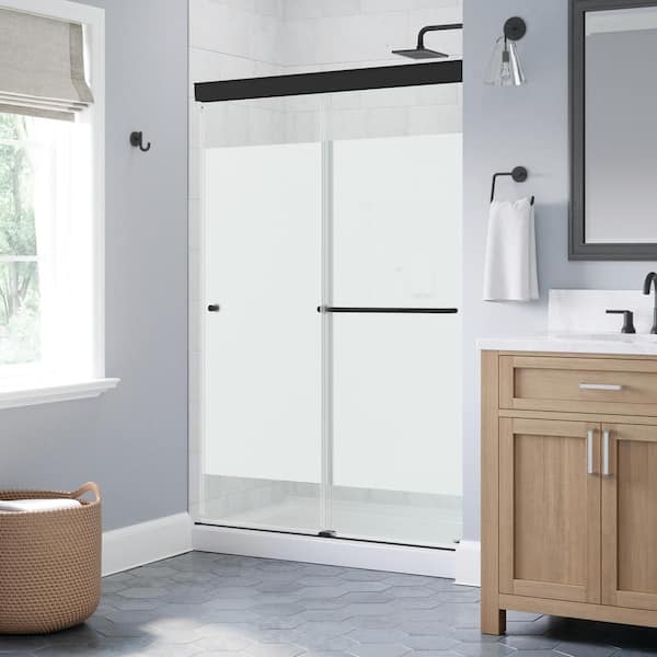 Delta Portwood 48 in. W x 70-1/4 in. H Semi-Frameless Sliding Shower Door, Matte Black, 6mm Privacy Glass