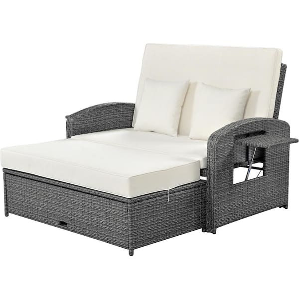Sudzendf Gray Wicker Outdoor Chaise Lounge, 2-Person Reclining Daybed with White Cushions and Adjustable Back