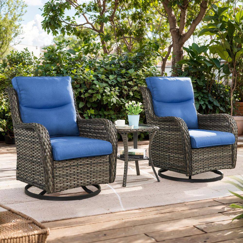 Smiley 3-Piece Outdoor Swivel Glider Gray Wicker Patio Conversation Set with Olefin 5 in. Thick Blue Cushions price history on PriceWatchPro