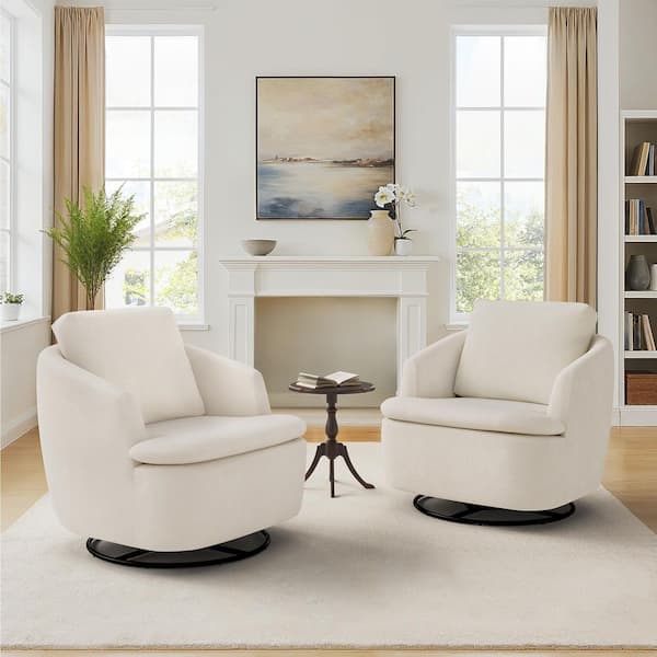 Arthur 35 in. Oatmeal White Fabric Upholstered Swivel Glider Arm Chair with Metal Base Swivel Accent Chair Set of 2