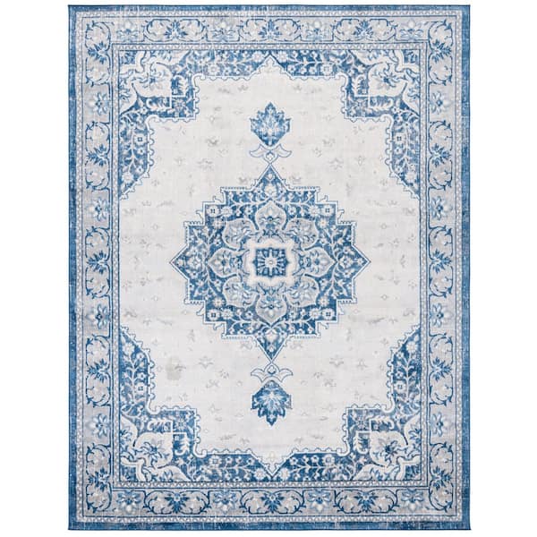 Brentwood 9 ft. x 12 ft. Blue/Ivory Ornate Medallion Area Rug