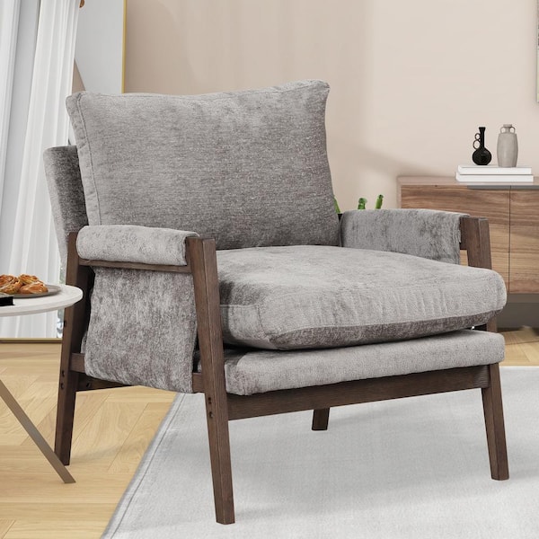 35 in. Mid-Century Modern Gray Velvet Arm Chair with Solid Wooden Frame