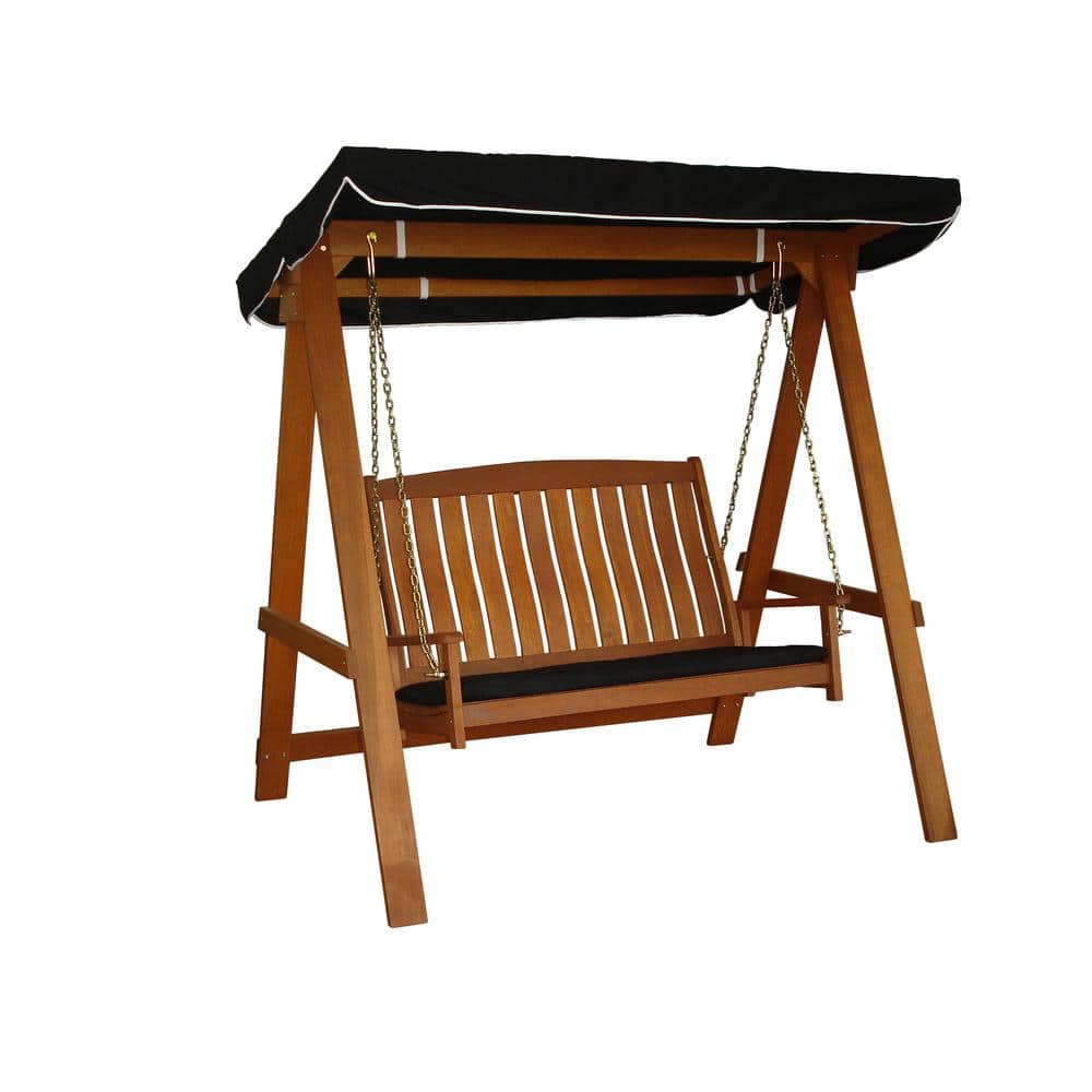 Avoca Brown Shorea Wood 2 Seat Porch Swing with Black Canopy