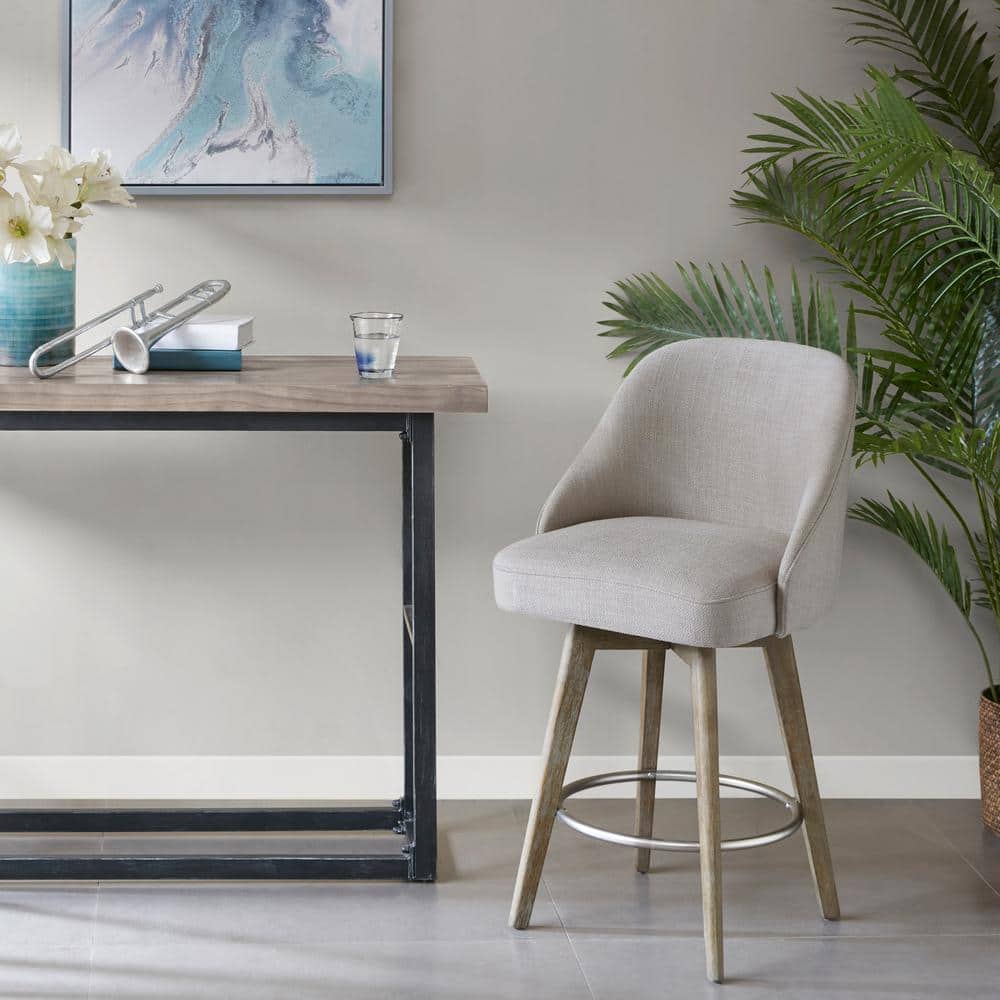 Elegant Reclaimed Grey Swivel Counter Stool with Metal Ring Footrest
