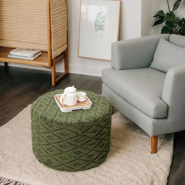 Green Furry Upholstered Round Ottoman Pouf Ultra-Plush Foam-Filled