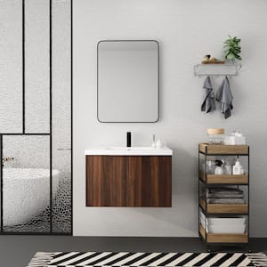 30 in. W x 18 in. D x 19 in. H Float Mounting Bath Vanity in Walnut with White Resin Basin Top,Soft Close Doors
