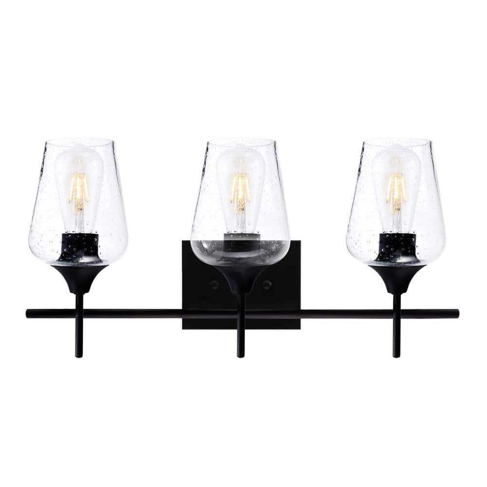 Matte Black 3-Light Vanity with Clear Seeded Glass Shades