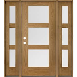 BRIGHTON Modern 64 in. x 80 in. 3-Lite Right-Hand/Inswing Satin Glass Bourbon Stain Fiberglass Prehung Front Door w/DSL