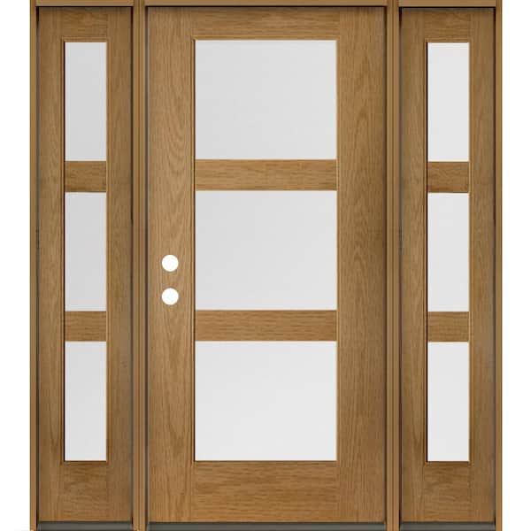 Krosswood Doors BRIGHTON Modern 64 in. x 80 in. 3-Lite Right-Hand/Inswing Satin Glass Bourbon Stain Fiberglass Prehung Front Door w/DSL