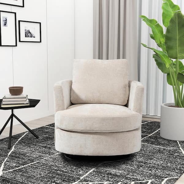 Unbranded Beige Swivel Metal Outdoor Lounge Chair with Beige Cushions, Round Accent Sofa Chair for Living Room, Bedroom, Lounge