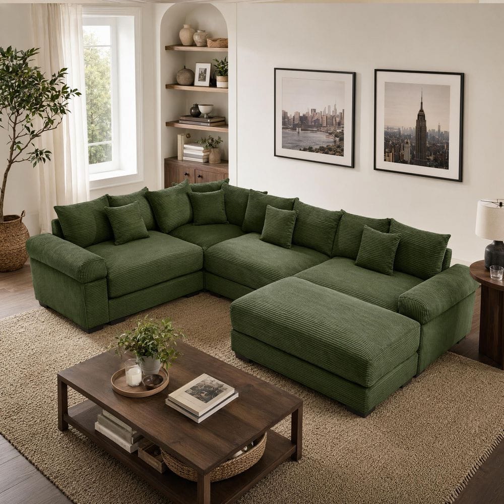 CALMORA 116.9 in. Straight Arm 5-Piece Corduroy Modular Sectional Sofa with Ottoman and Ergonomic Design in Olive Green