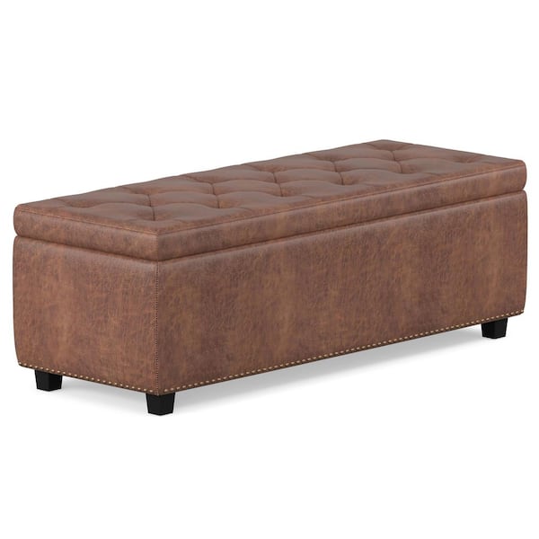 Hamilton 48 in. Wide Transitional Rectangle Storage Ottoman in Distressed Umber Brown Vegan Faux Leather, Assembled
