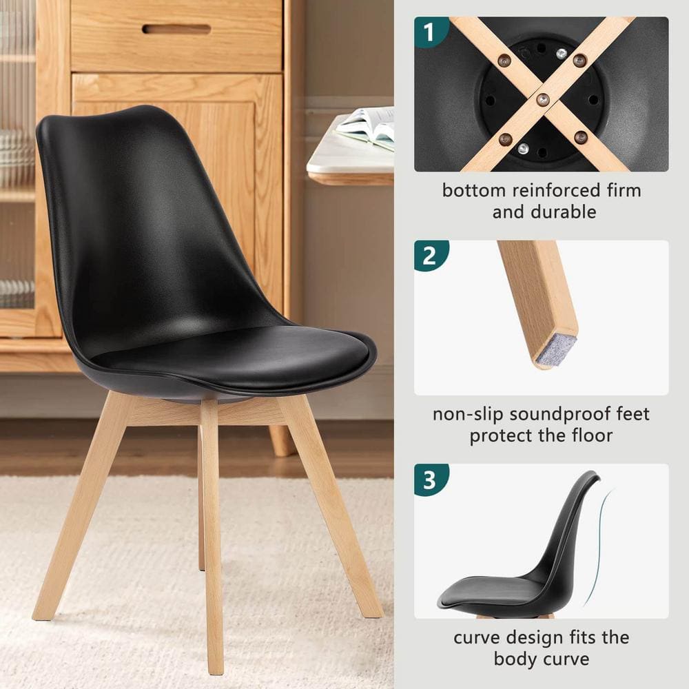 Black Faux Leather Upholstered Dining Side Chairs with Wood Legs, Set of 4