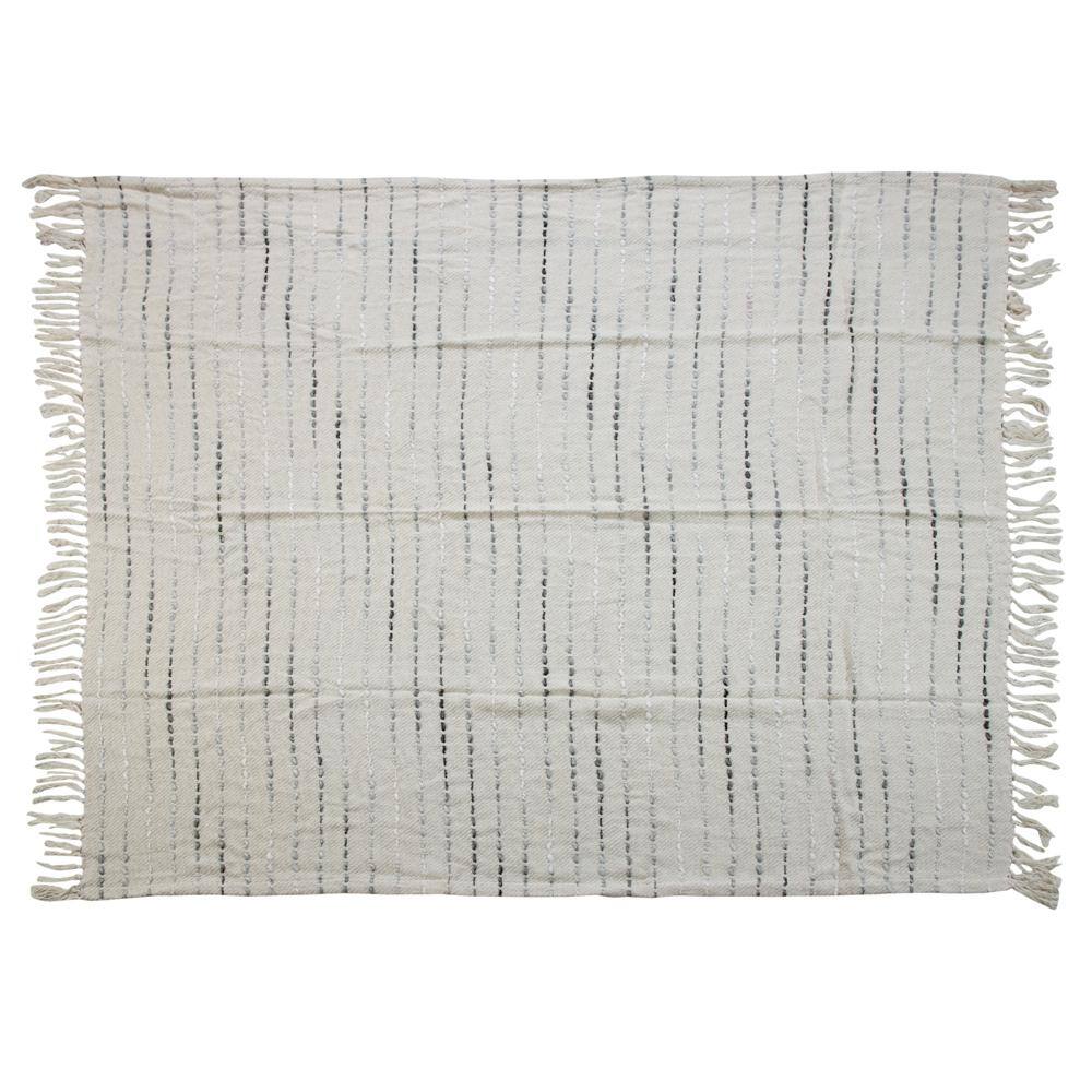 Gray and Cream Hand-Woven Cotton Blend Throw Blanket with Fringe