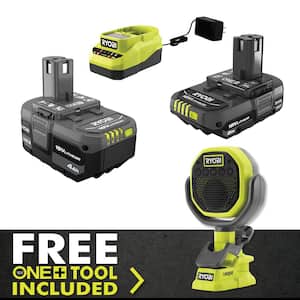 ONE+ 18V Lithium-Ion 4.0 Ah Battery, 2.0 Ah Battery, and Charger Kit with FREE ONE+ Cordless VERSE Clamp Speaker