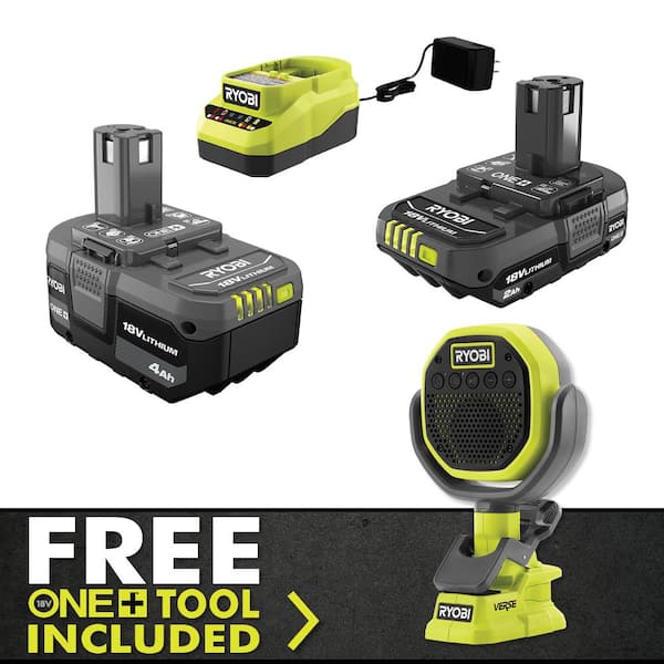 RYOBI ONE+ 18V Lithium-Ion 4.0 Ah Battery, 2.0 Ah Battery, and Charger Kit with FREE ONE+ Cordless VERSE Clamp Speaker
