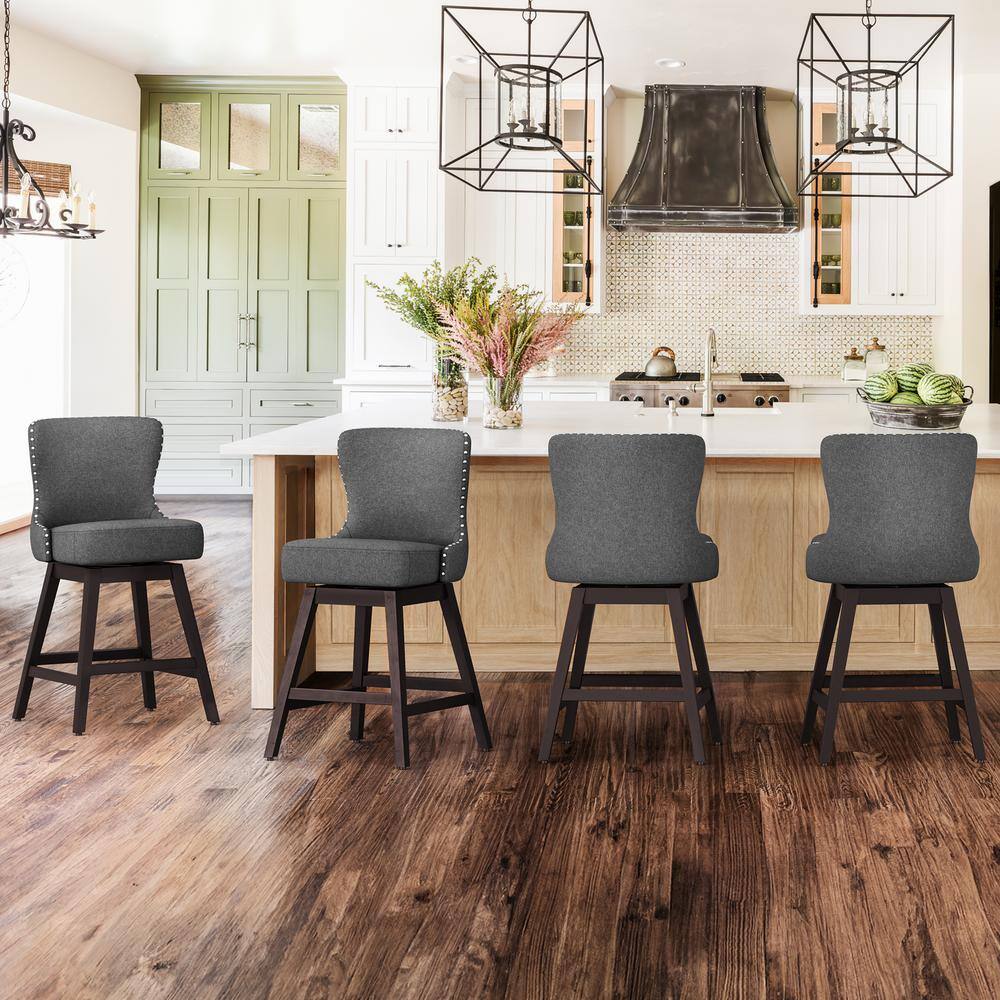 Gray Swivel Upholstered Counter Stool with Wood Frame