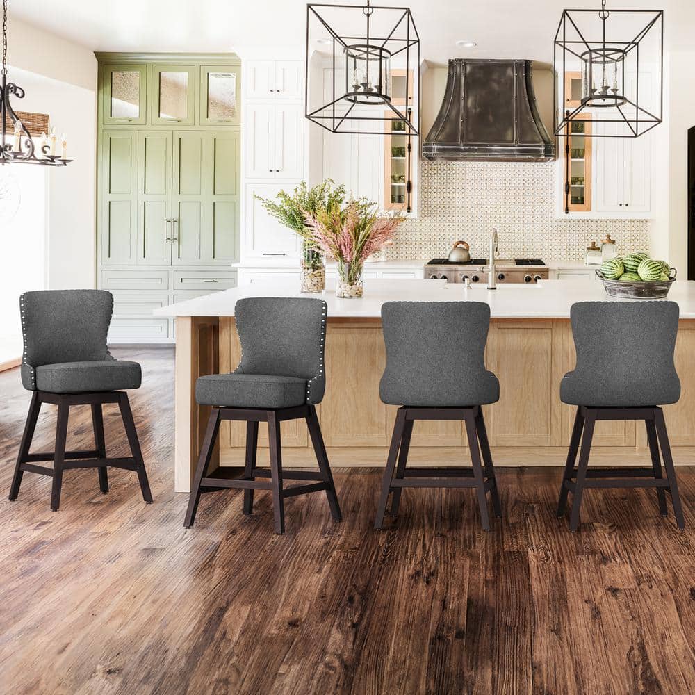 Gray Swivel Upholstered Counter Stool with Wood Frame