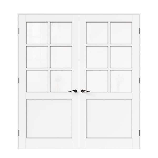 72 in. x 80 in. 6-Lite Clear Glass Universal White Solid Core Wood Double Prehung French Door plus Separate Jamb Lockset