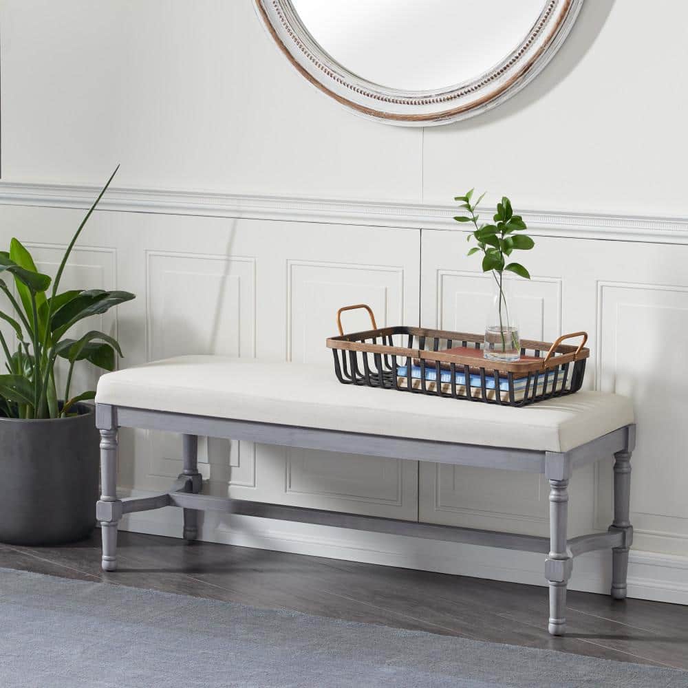 Traditional Gray Solid Wood Bedroom Bench with Upholstered Seat, 47" x 16" x 18"
