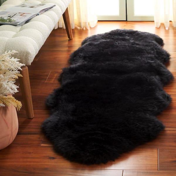 Sheep Skin 2 ft. x 6 ft. Midnight Black Solid Color Runner Rug