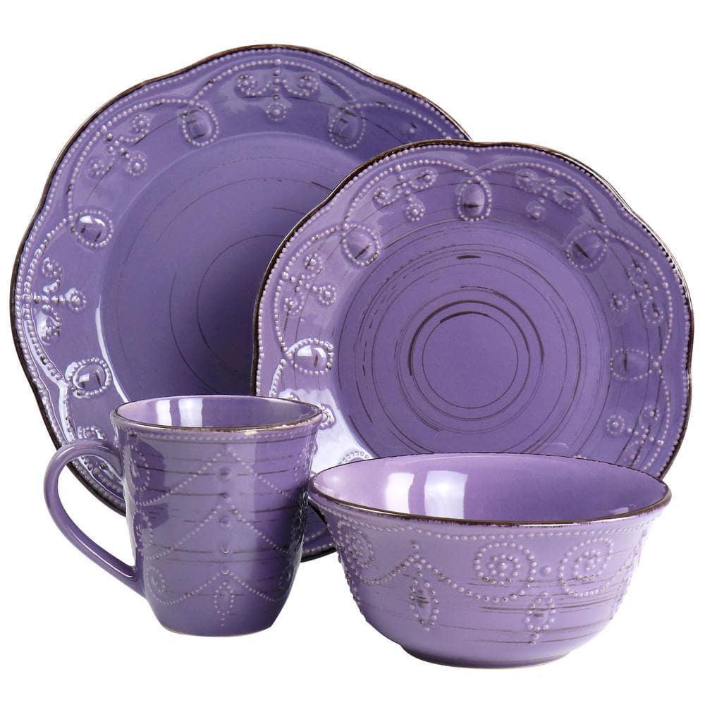 Purple Ceramic 16-Piece Rustic Birch Dinnerware Set