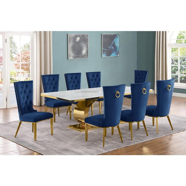 Best Quality Furniture Ibraim 9-Piece Rectangle White Marble Top Gold Stainless Steel Base Dining Set with 8 Navy Blue Velvet Fabric Chairs