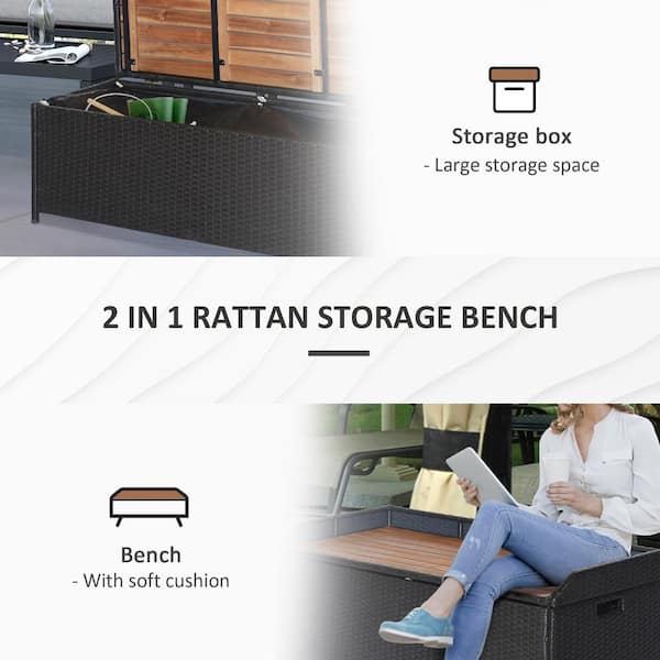 Outsunny Patio Wicker Storage Bench Box, Outdoor PE Rattan Pool Deck Bin